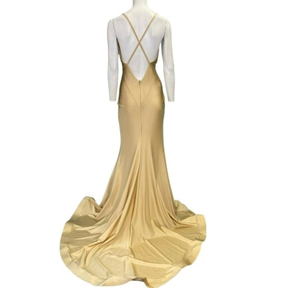 Jessica Angel 510 Criss Cross Back V-Neck High Slit Gown Toffee Size Medium NWT - Picture 2 of 7